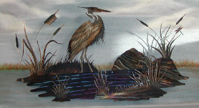 Cut Metal US Heron In Pond Metal Art